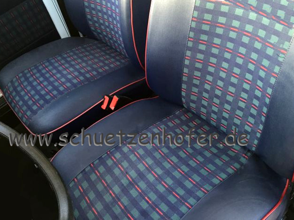 Satz Sitzbezüge - Stoff Blau-Grün-Rot / Skai Blau -Typ Clan komplett  (Fahrer/Beifahrersitz + 2 x Kopfstütze + Rücksitzbank) 1986 ->